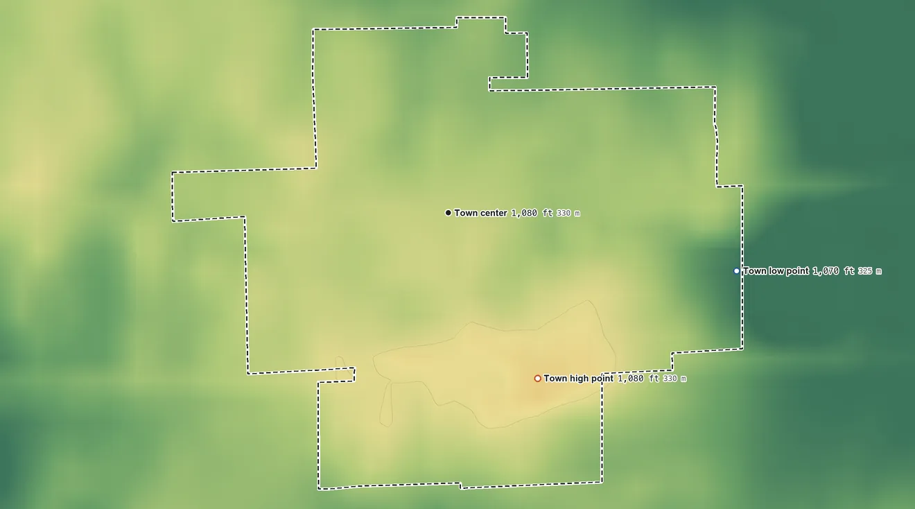 Topographic elevation map of Straughn, Indiana, shaded from 1,070 ft on the east side to 1,080 ft on the southeast side