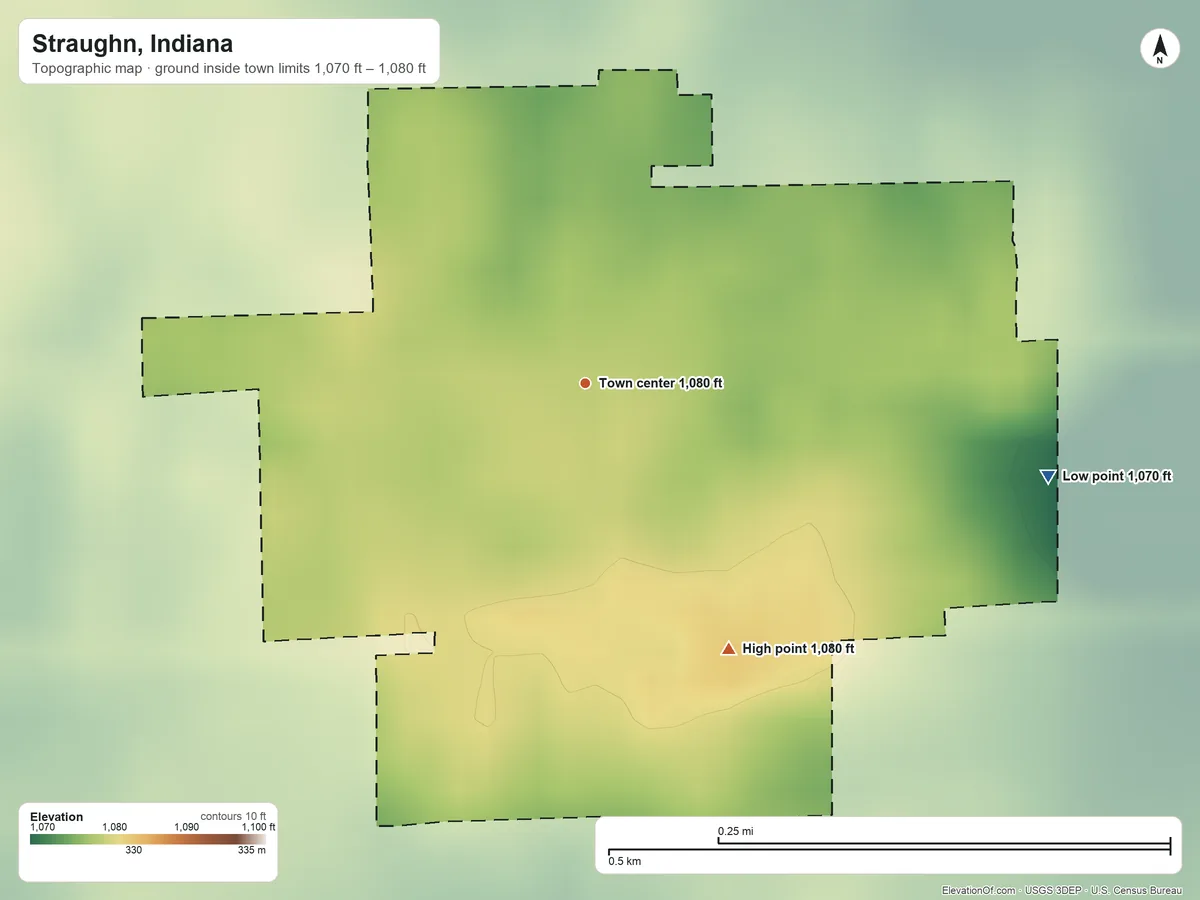 Topographic elevation map of Straughn, Indiana, shaded from 1,070 ft on the east side to 1,080 ft on the southeast side