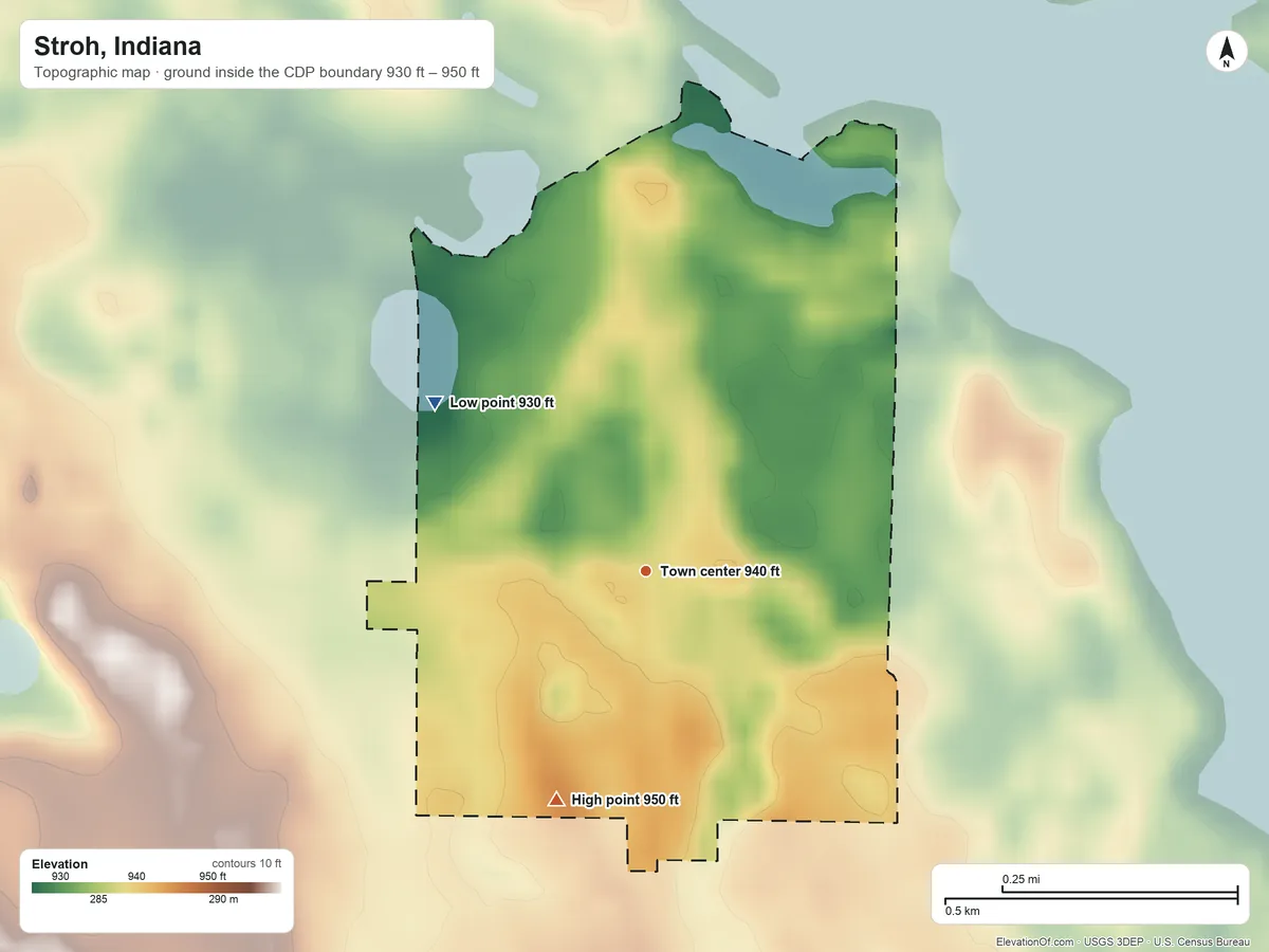 Topographic elevation map of Stroh, Indiana, shaded from 930 ft on the northwest side to 950 ft on the south side