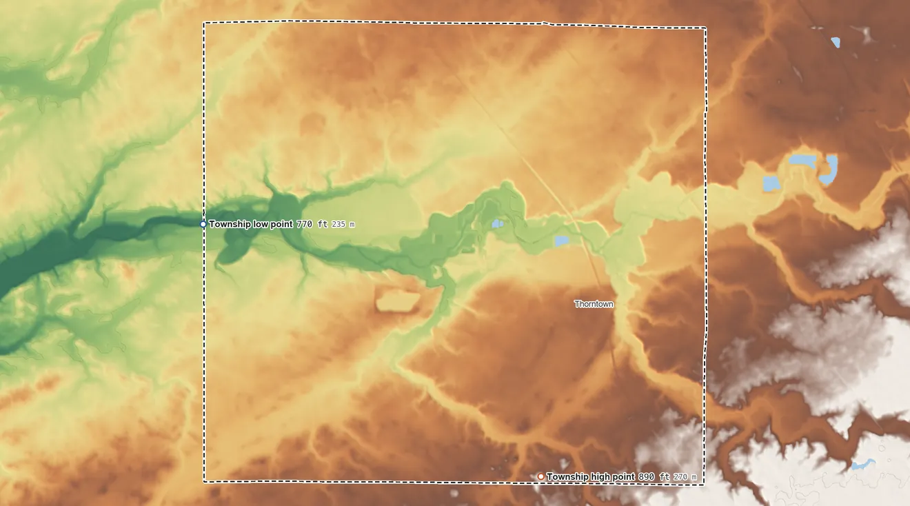 Topographic elevation map of Sugar Creek Township, Boone County, Indiana, shaded from 770 ft on the west side to 890 ft on the south side