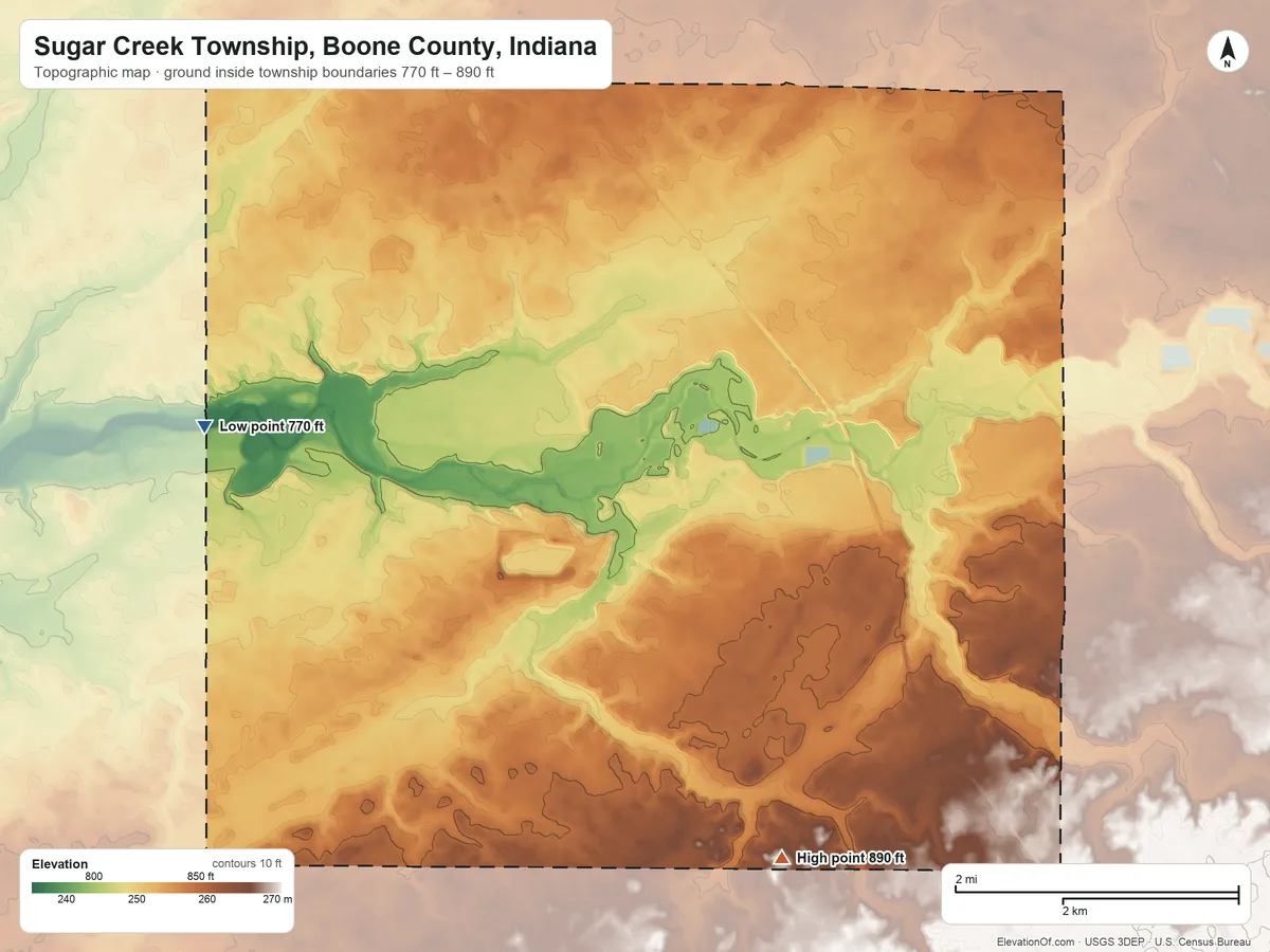Topographic elevation map of Sugar Creek Township, Boone County, Indiana, shaded from 770 ft on the west side to 890 ft on the south side