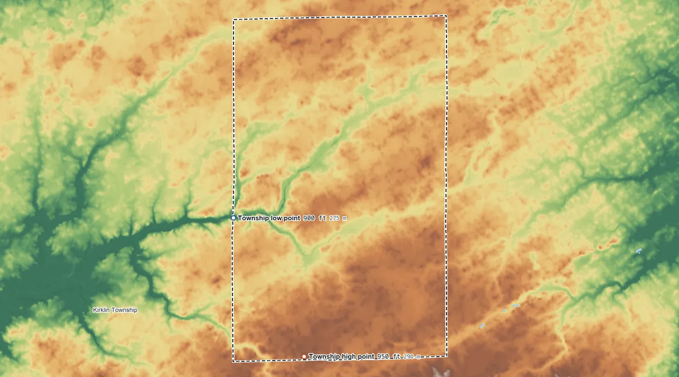 Topographic elevation map of Sugar Creek Township, Clinton County, Indiana, shaded from 900 ft on the west side to 950 ft on the south side