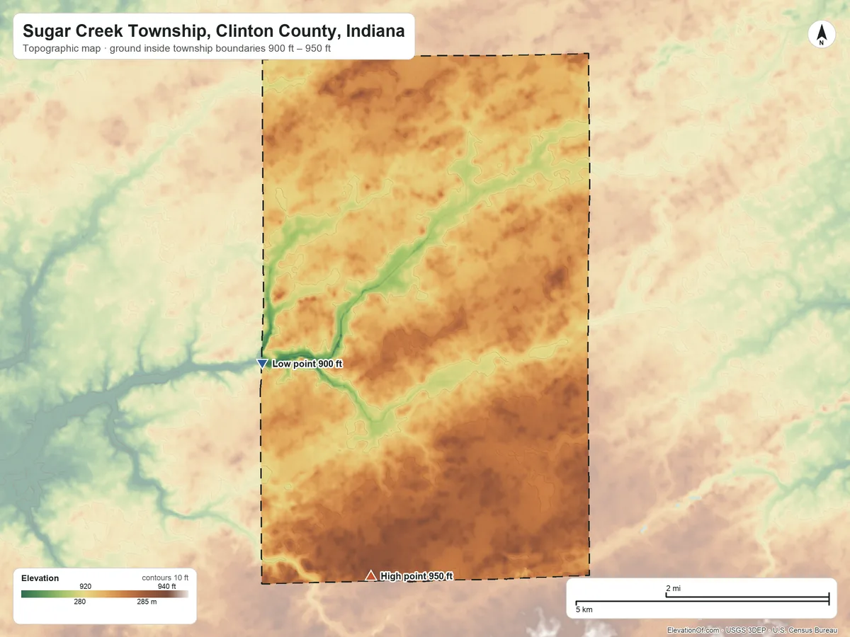 Topographic elevation map of Sugar Creek Township, Clinton County, Indiana, shaded from 900 ft on the west side to 950 ft on the south side