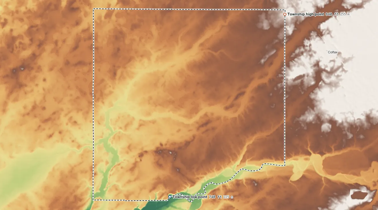 Topographic elevation map of Sugar Creek Township, Montgomery County, Indiana, shaded from 740 ft on the south side to 840 ft on the northeast side