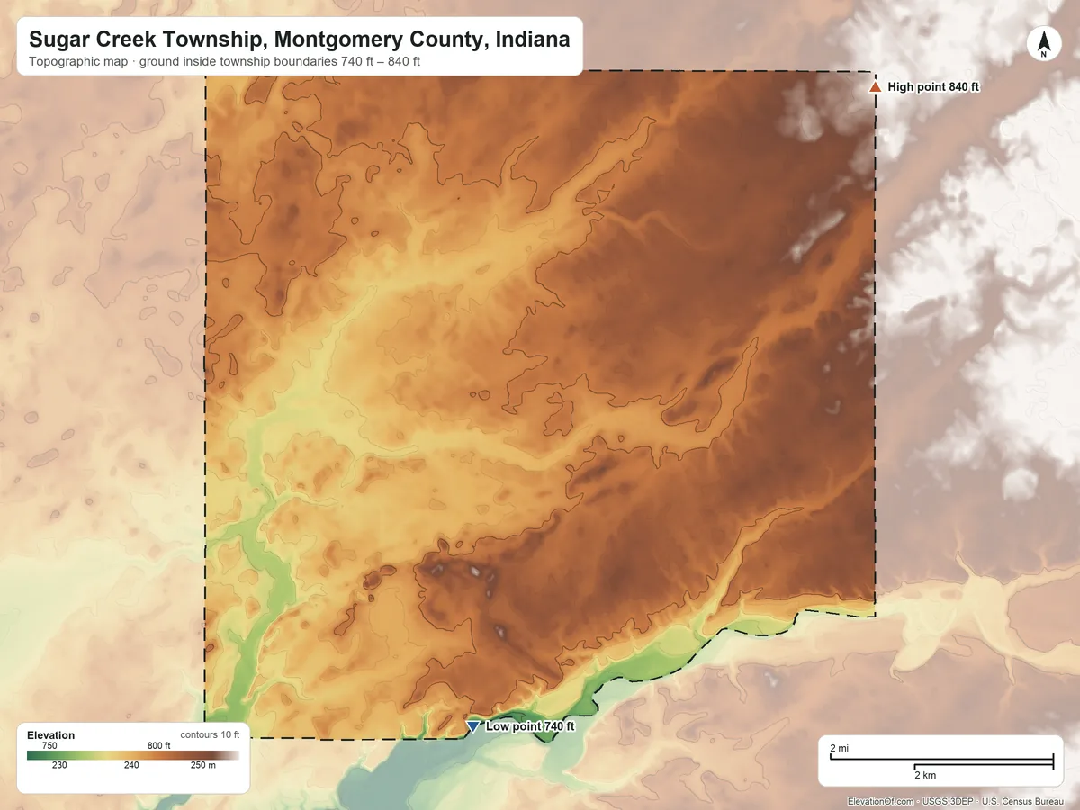 Topographic elevation map of Sugar Creek Township, Montgomery County, Indiana, shaded from 740 ft on the south side to 840 ft on the northeast side