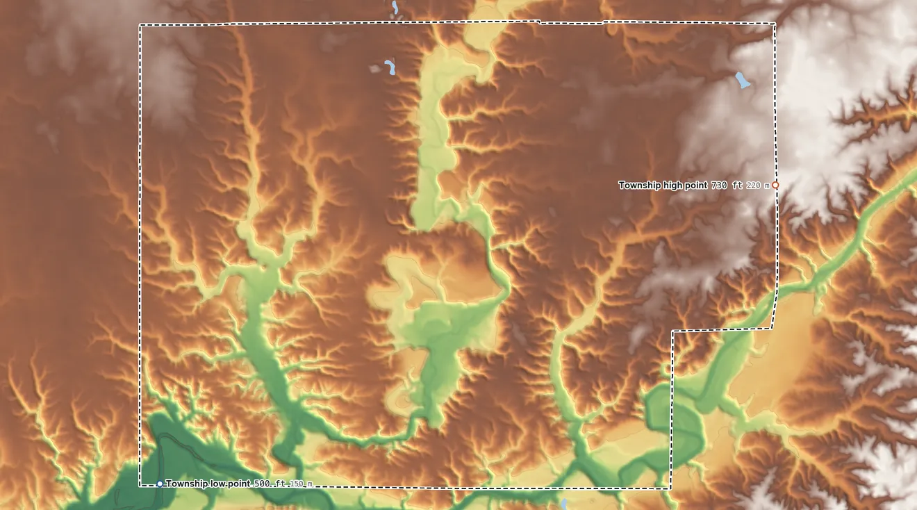 Topographic elevation map of Sugar Creek Township, Parke County, Indiana, shaded from 500 ft on the southwest side to 730 ft on the east side