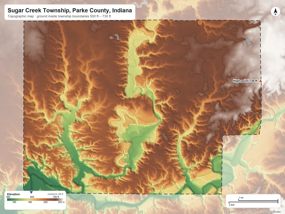 Topographic elevation map of Sugar Creek Township, Parke County, Indiana, shaded from 500 ft on the southwest side to 730 ft on the east side