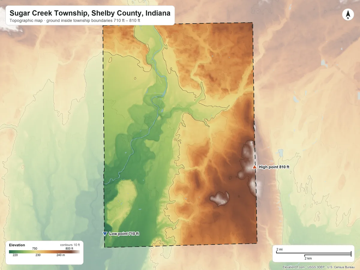 Topographic elevation map of Sugar Creek Township, Shelby County, Indiana, shaded from 710 ft on the southwest side to 810 ft on the southeast side