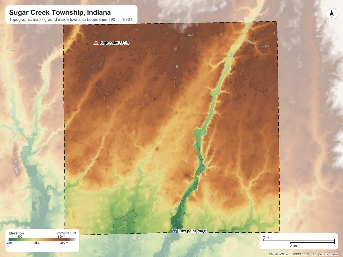 Topographic elevation map of Sugar Creek Township, Indiana, shaded from 790 ft on the south side to 870 ft on the northwest side