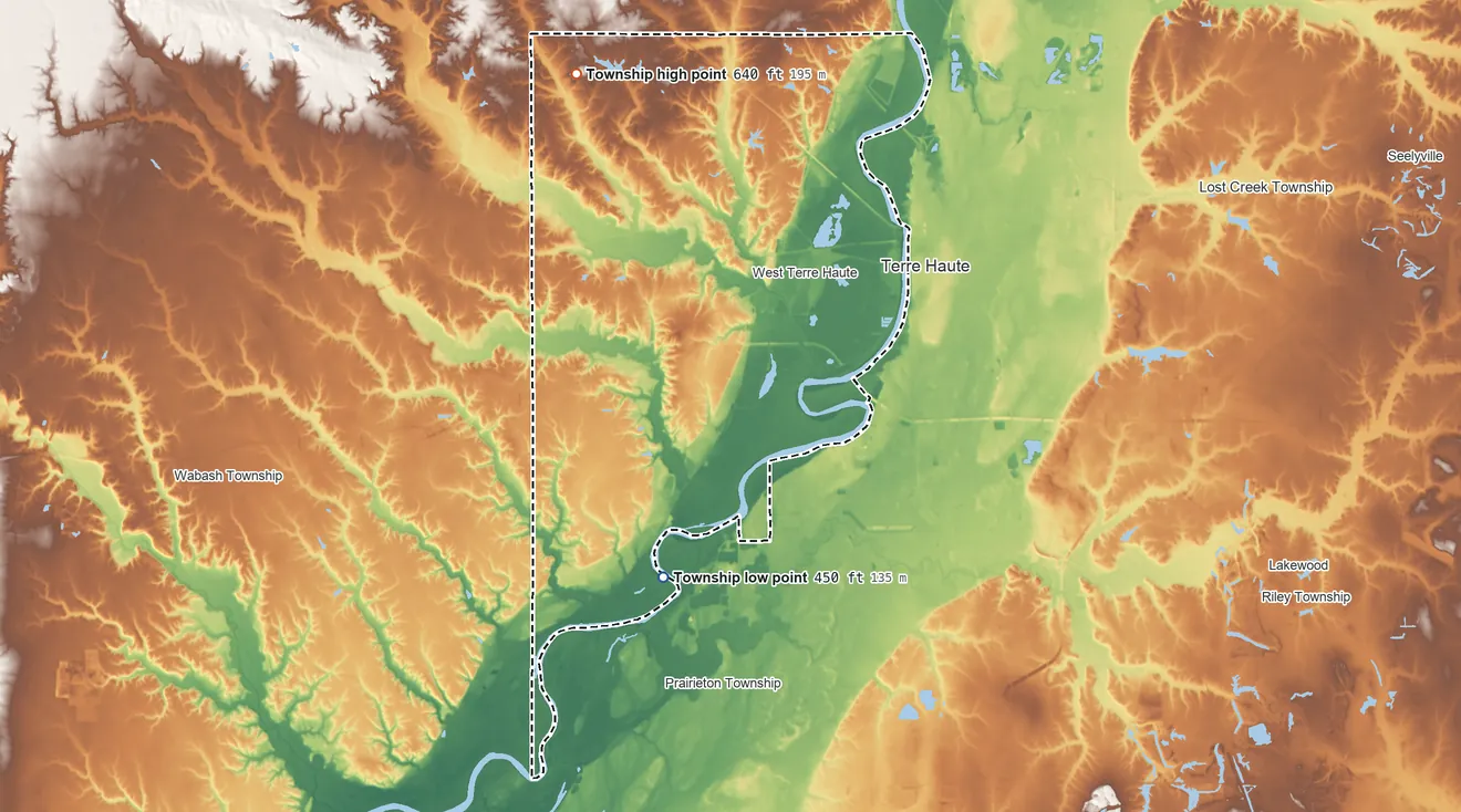 Topographic elevation map of Sugar Creek Township, Vigo County, Indiana, shaded from 450 ft on the south side to 640 ft on the northwest side