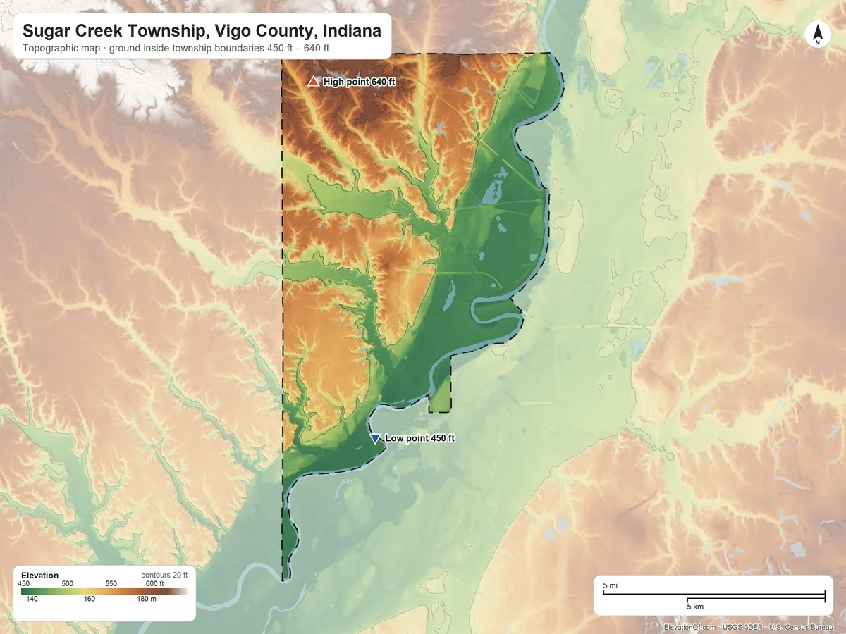 Topographic elevation map of Sugar Creek Township, Vigo County, Indiana, shaded from 450 ft on the south side to 640 ft on the northwest side