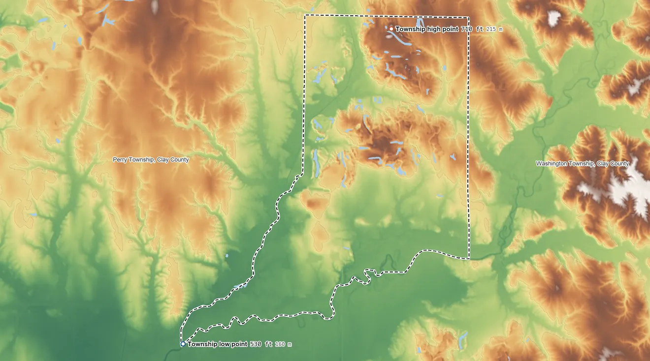Topographic elevation map of Sugar Ridge Township, Indiana, shaded from 530 ft on the southwest side to 710 ft on the north side