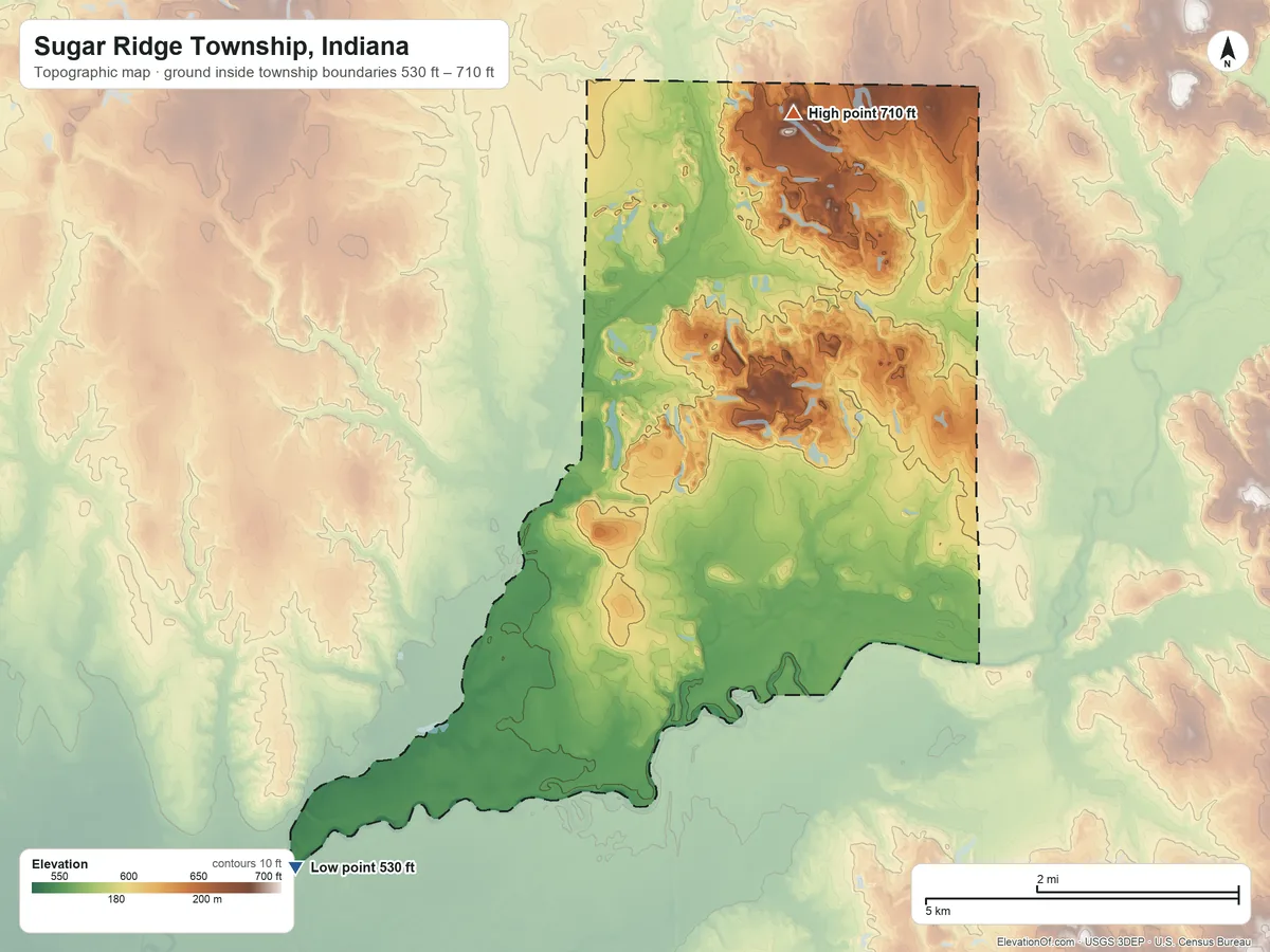Topographic elevation map of Sugar Ridge Township, Indiana, shaded from 530 ft on the southwest side to 710 ft on the north side