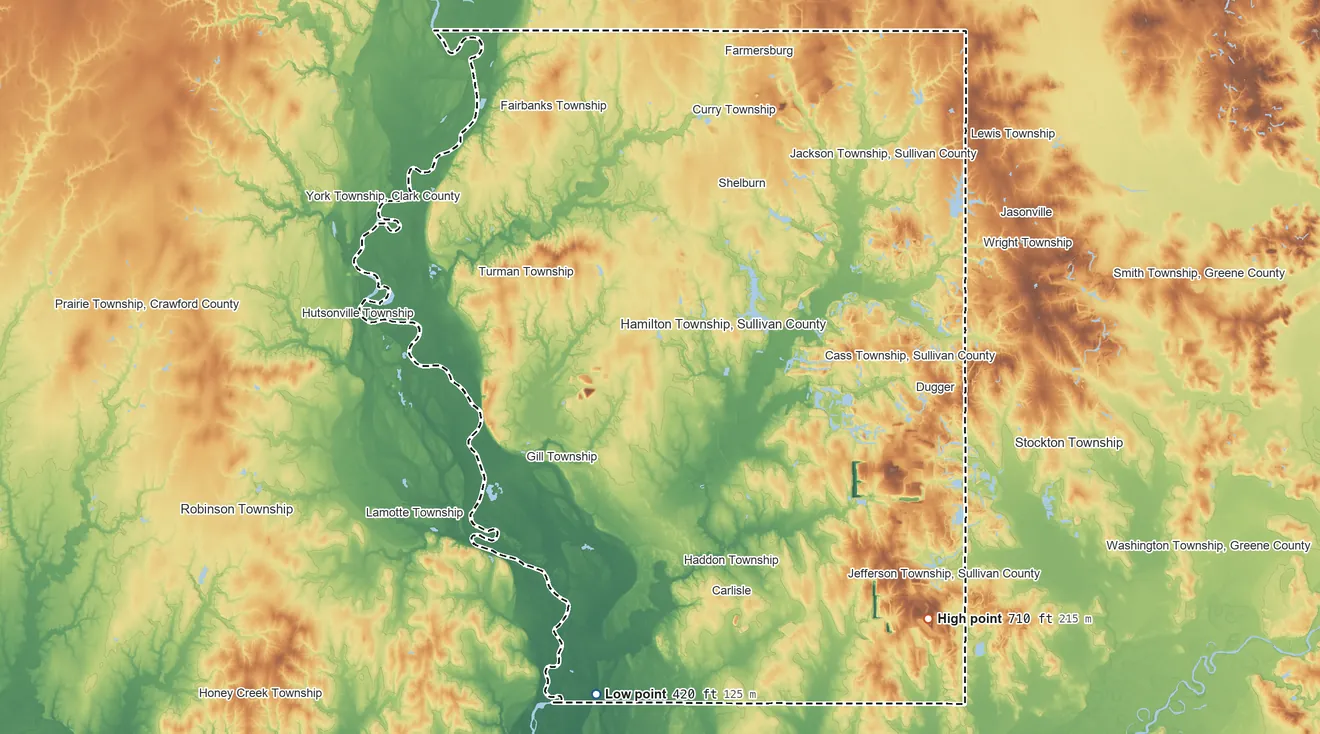 Topographic elevation map of Sullivan County, Indiana, shaded from 420 ft on the south side to 710 ft on the southeast side