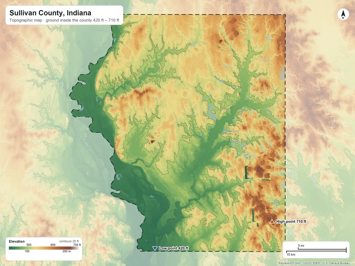 Topographic elevation map of Sullivan County, Indiana, shaded from 420 ft on the south side to 710 ft on the southeast side