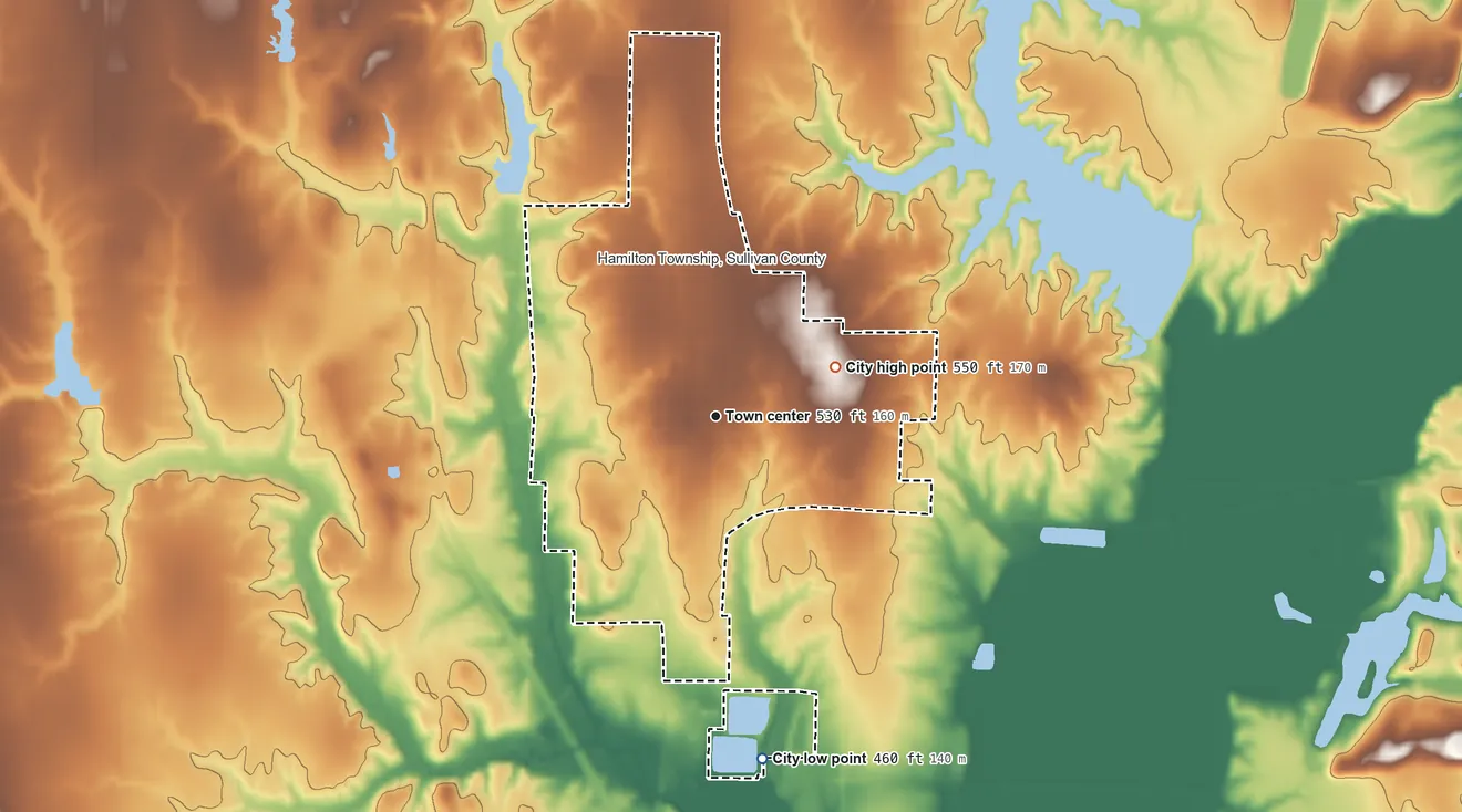 Topographic elevation map of Sullivan, Indiana, shaded from 460 ft on the south side to 550 ft on the east side