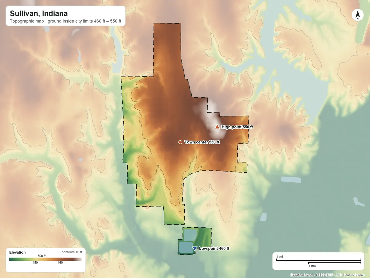 Topographic elevation map of Sullivan, Indiana, shaded from 460 ft on the south side to 550 ft on the east side