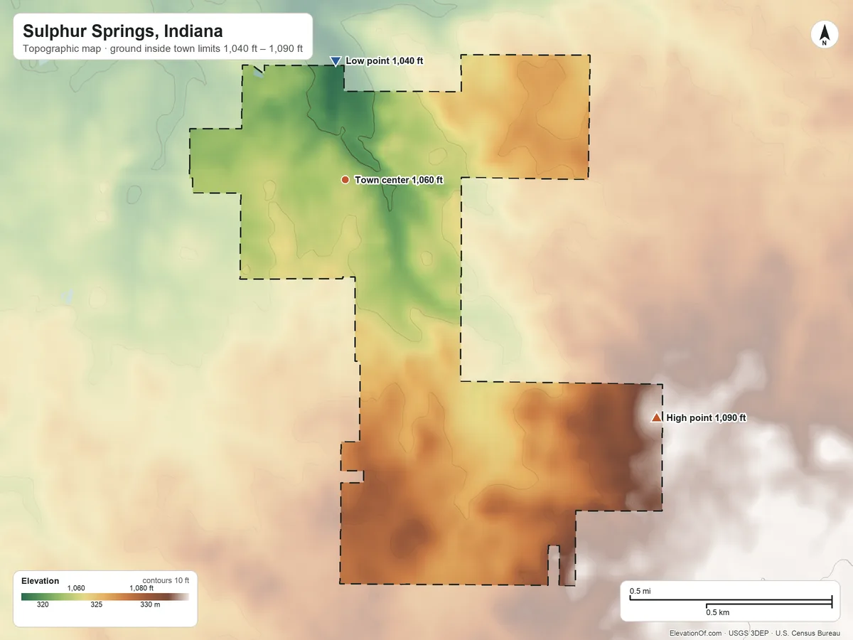 Topographic elevation map of Sulphur Springs, Indiana, shaded from 1,040 ft on the north side to 1,090 ft on the southeast side