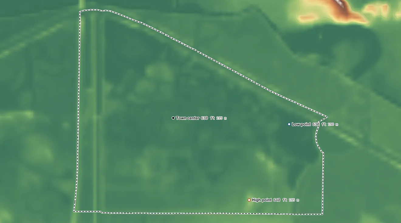 Topographic elevation map of Sumava Resorts, Indiana, shaded from 630 ft on the east side to 640 ft on the southeast side