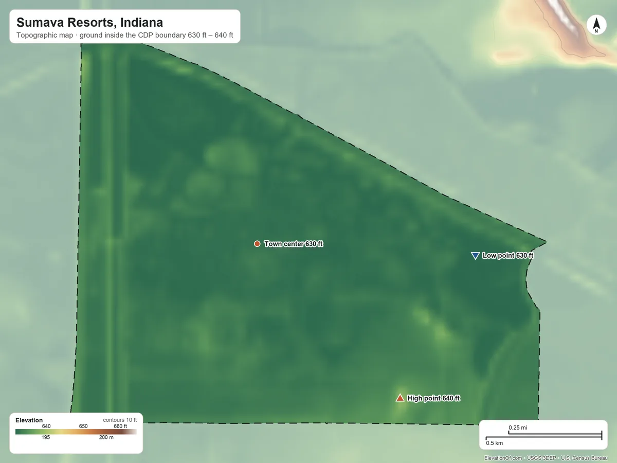 Topographic elevation map of Sumava Resorts, Indiana, shaded from 630 ft on the east side to 640 ft on the southeast side