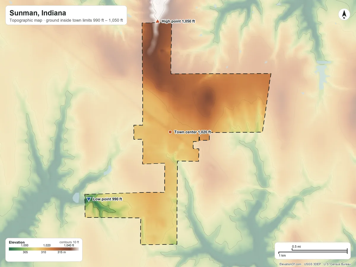 Topographic elevation map of Sunman, Indiana, shaded from 990 ft on the southwest side to 1,050 ft on the north side