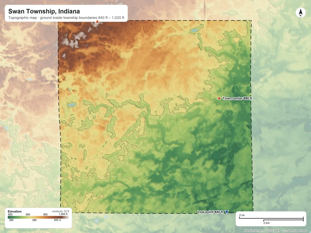 Topographic elevation map of Swan Township, Indiana, shaded from 840 ft on the south side to 1,020 ft on the northwest side