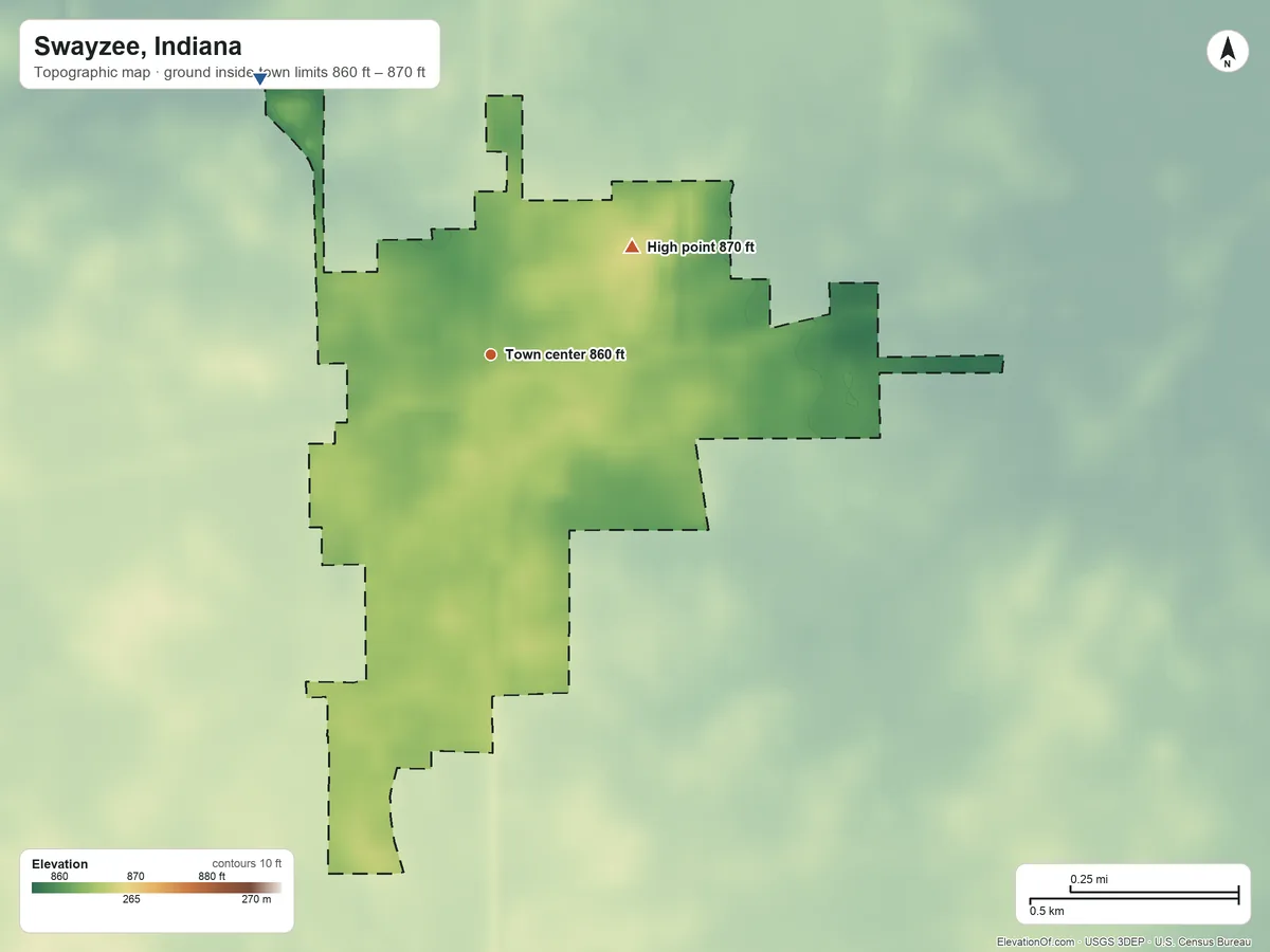 Topographic elevation map of Swayzee, Indiana, shaded from 860 ft on the northwest side to 870 ft on the northeast side