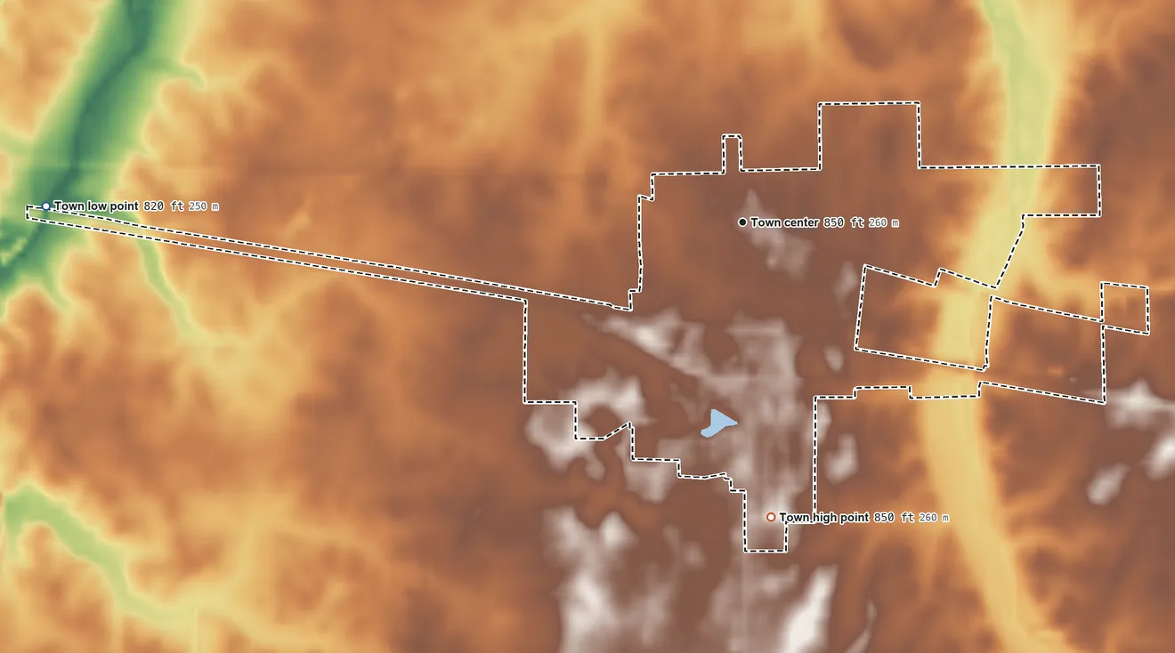 Topographic elevation map of Sweetser, Indiana, shaded from 820 ft on the west side to 850 ft on the south side
