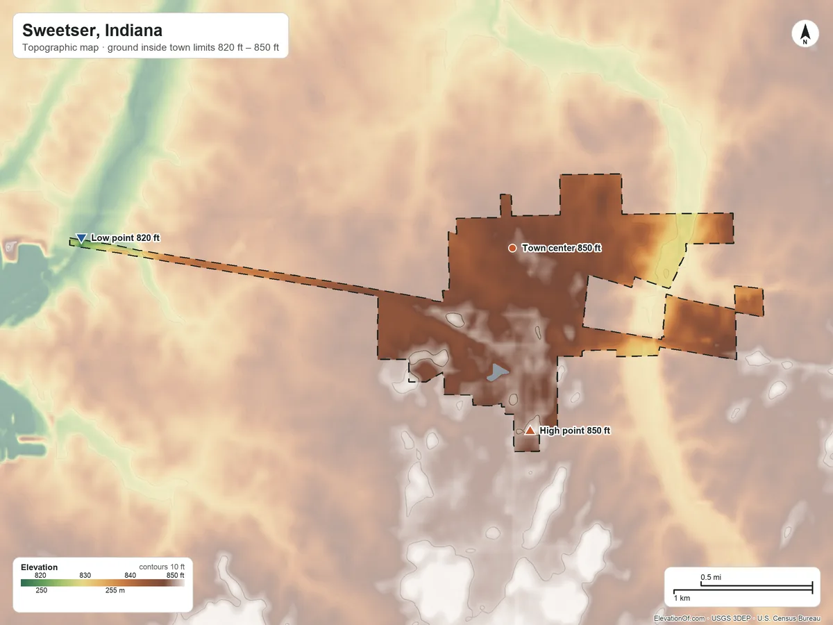 Topographic elevation map of Sweetser, Indiana, shaded from 820 ft on the west side to 850 ft on the south side