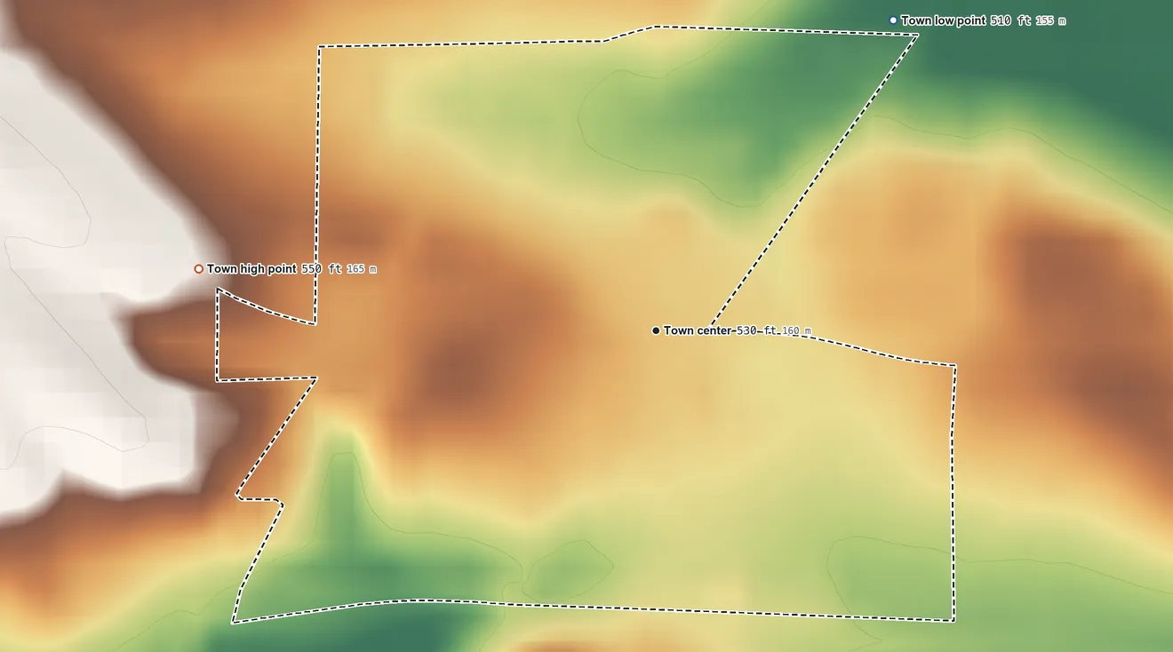 Topographic elevation map of Switz City, Indiana, shaded from 510 ft on the northeast side to 550 ft on the west side