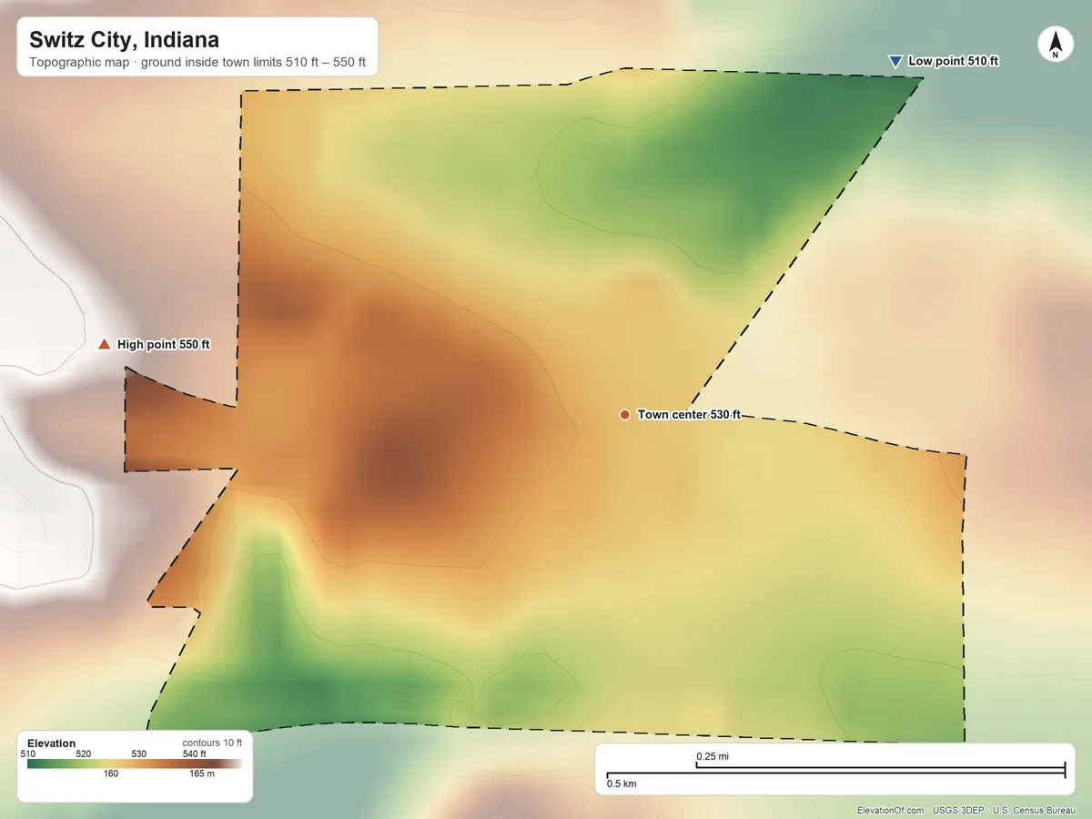 Topographic elevation map of Switz City, Indiana, shaded from 510 ft on the northeast side to 550 ft on the west side