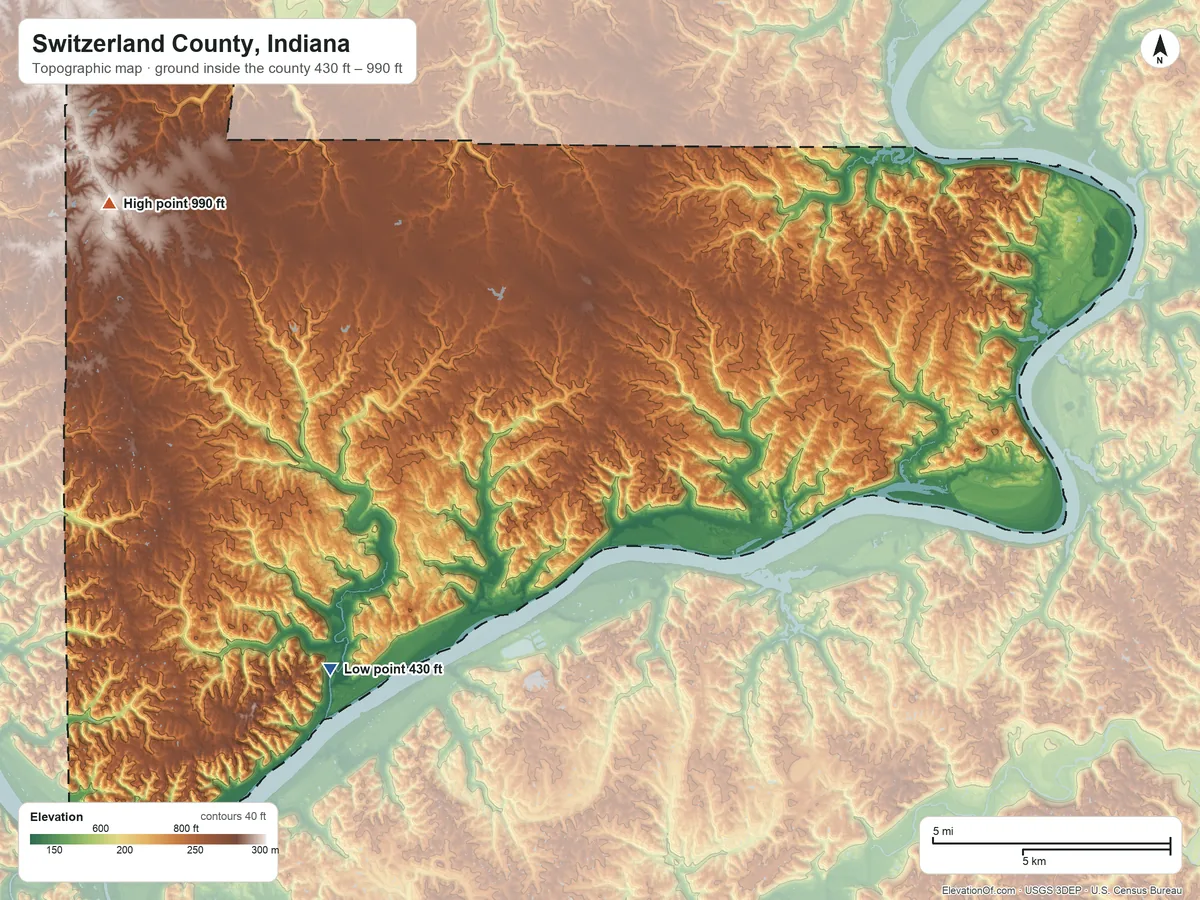 Topographic elevation map of Switzerland County, Indiana, shaded from 430 ft on the southwest side to 990 ft on the northwest side