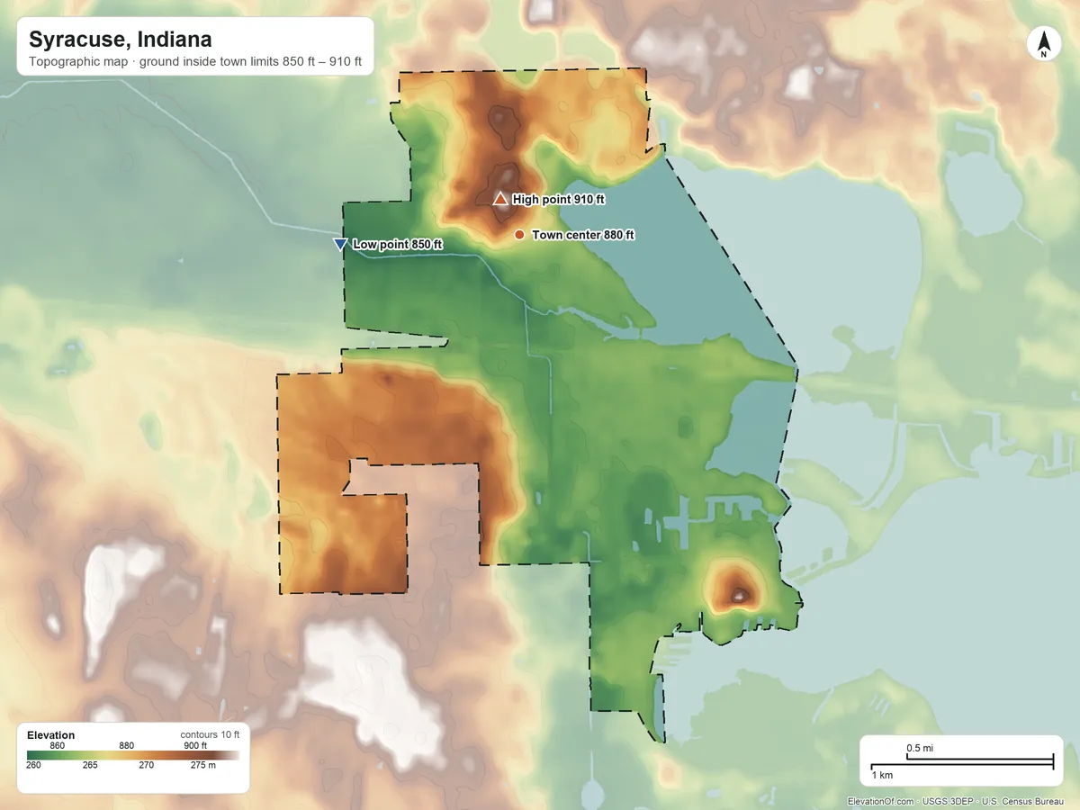 Topographic elevation map of Syracuse, Indiana, shaded from 850 ft on the west side to 910 ft near the middle