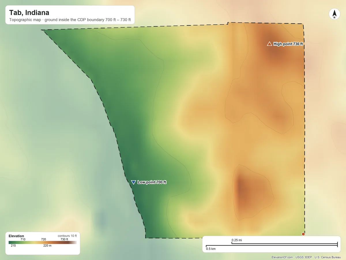 Topographic elevation map of Tab, Indiana, shaded from 700 ft on the west side to 730 ft on the north side