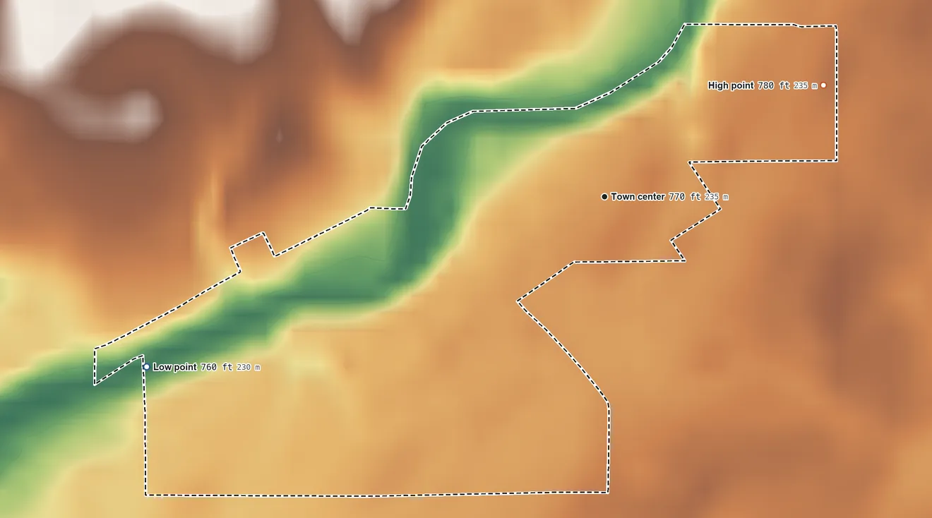 Topographic elevation map of Talma, Indiana, shaded from 760 ft on the west side to 780 ft on the northeast side