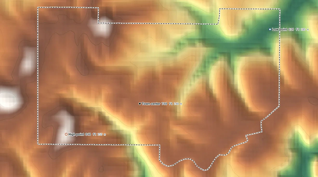 Topographic elevation map of Taswell, Indiana, shaded from 610 ft on the northeast side to 840 ft on the southwest side