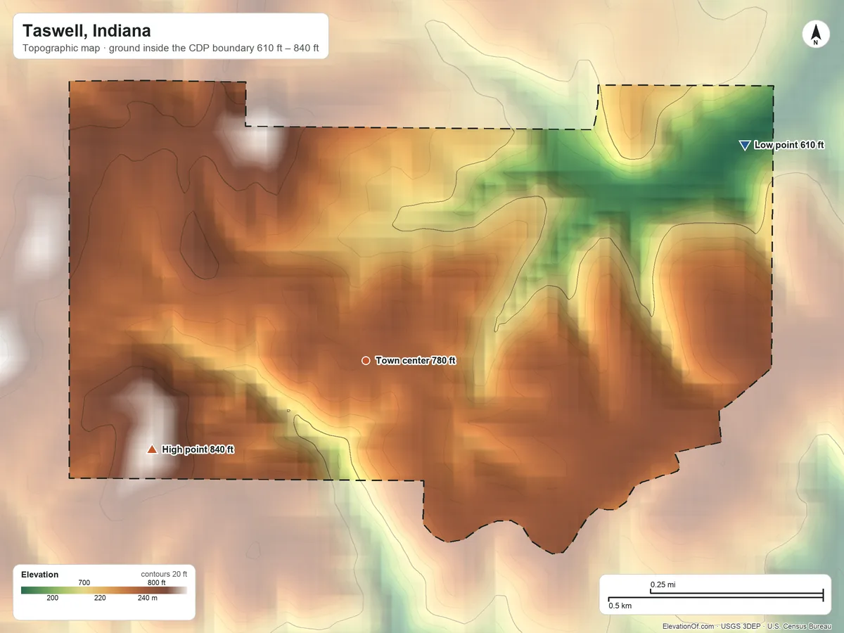 Topographic elevation map of Taswell, Indiana, shaded from 610 ft on the northeast side to 840 ft on the southwest side