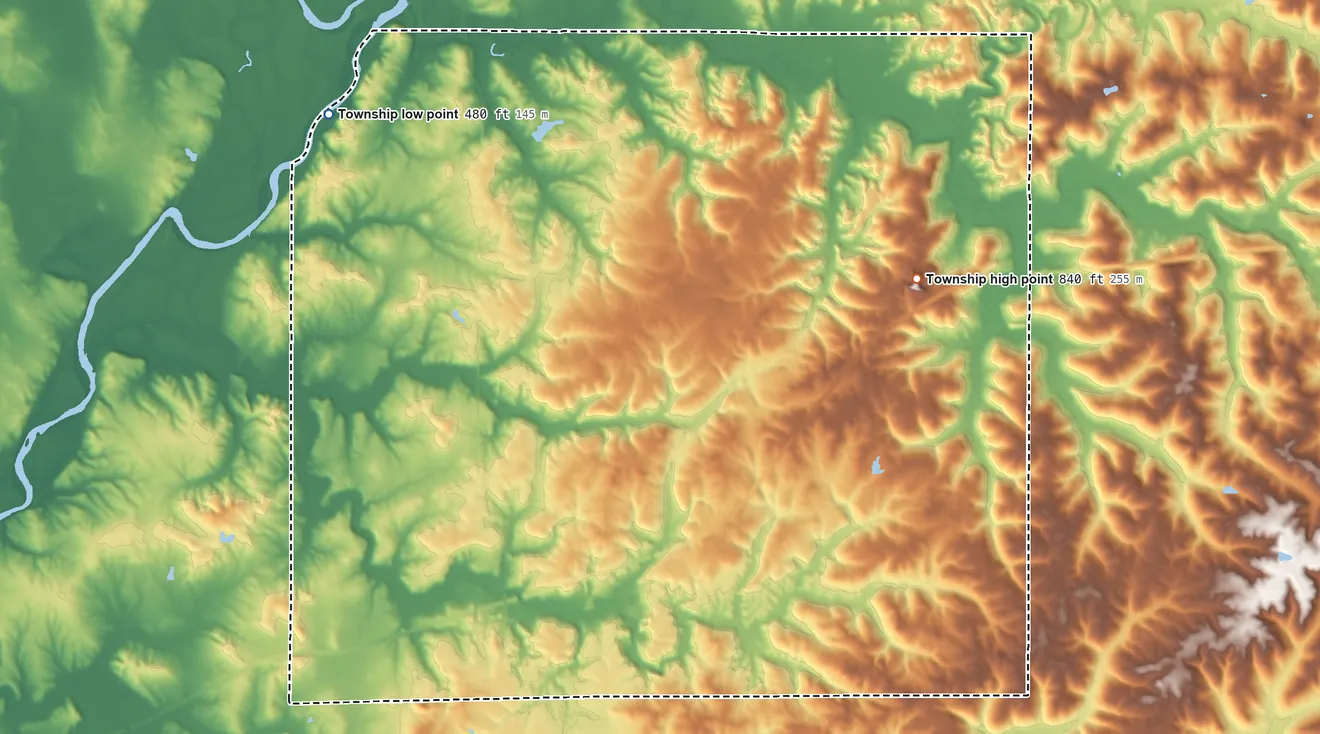 Topographic elevation map of Taylor Township, Greene County, Indiana, shaded from 480 ft on the northwest side to 840 ft on the northeast side