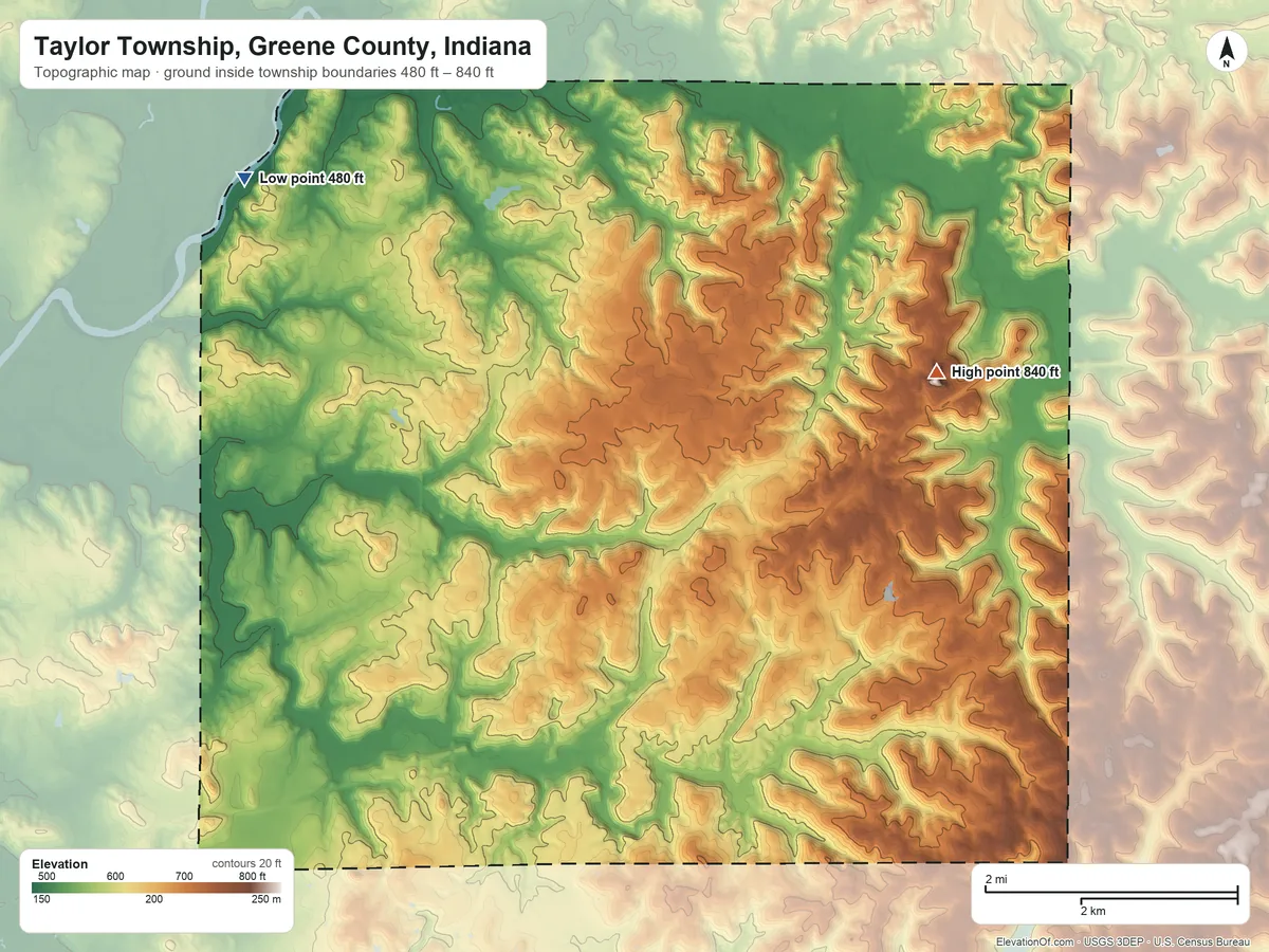 Topographic elevation map of Taylor Township, Greene County, Indiana, shaded from 480 ft on the northwest side to 840 ft on the northeast side