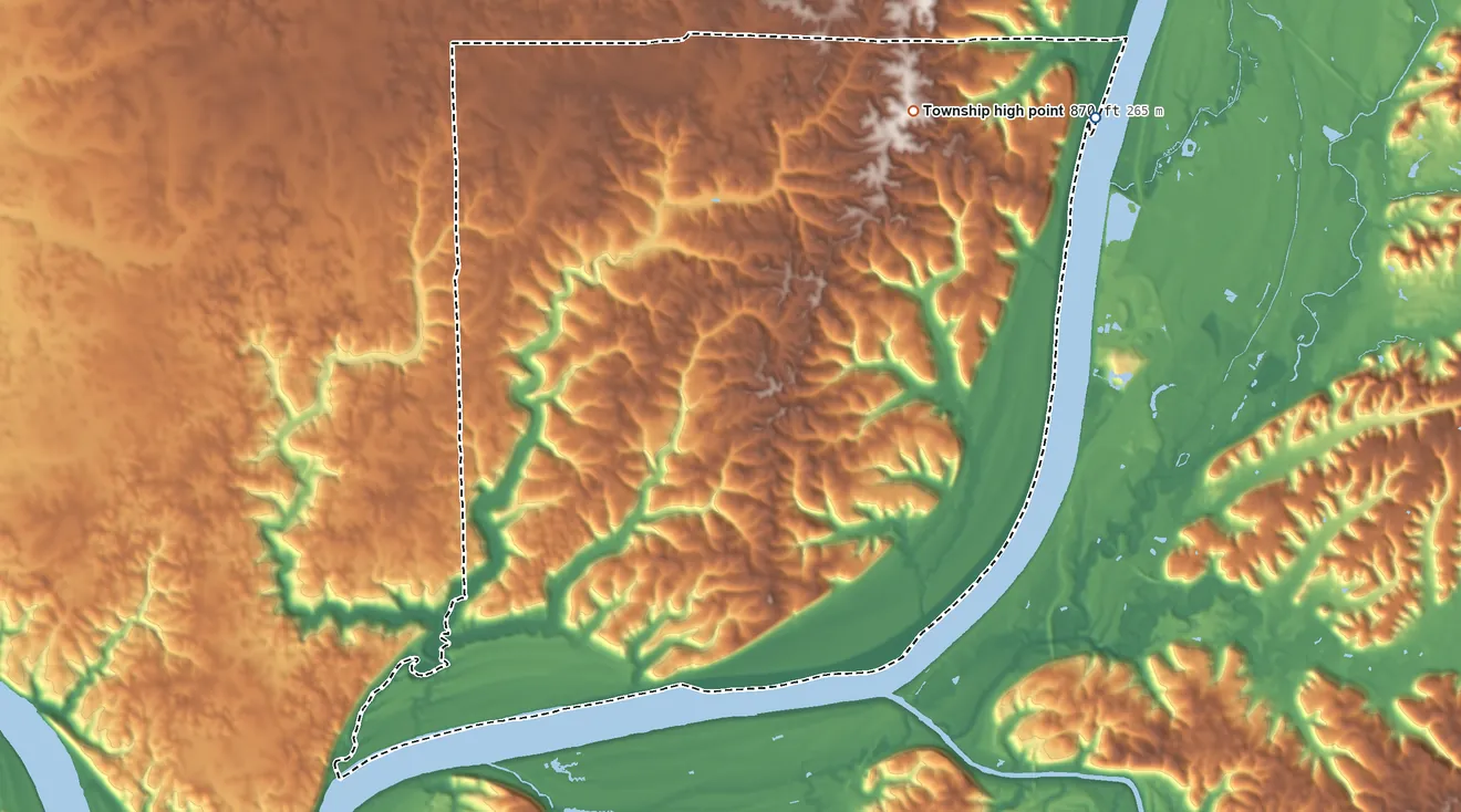 Topographic elevation map of Taylor Township, Harrison County, Indiana, shaded from 390 ft on the east side to 870 ft on the northeast side