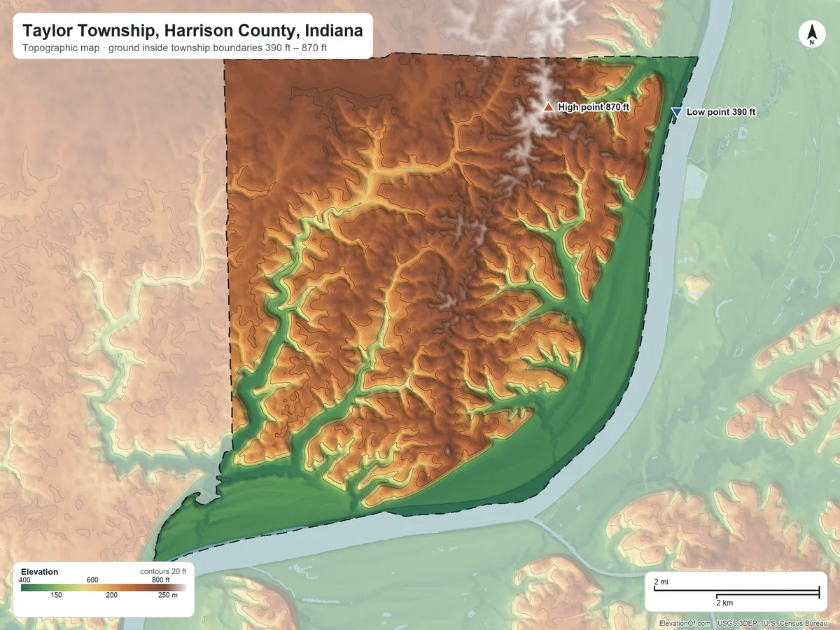 Topographic elevation map of Taylor Township, Harrison County, Indiana, shaded from 390 ft on the east side to 870 ft on the northeast side