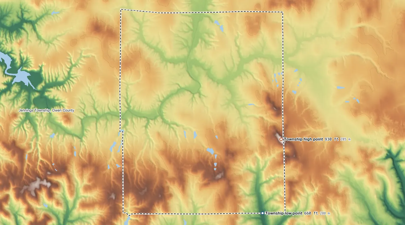 Topographic elevation map of Taylor Township, Owen County, Indiana, shaded from 660 ft on the south side to 930 ft on the southeast side