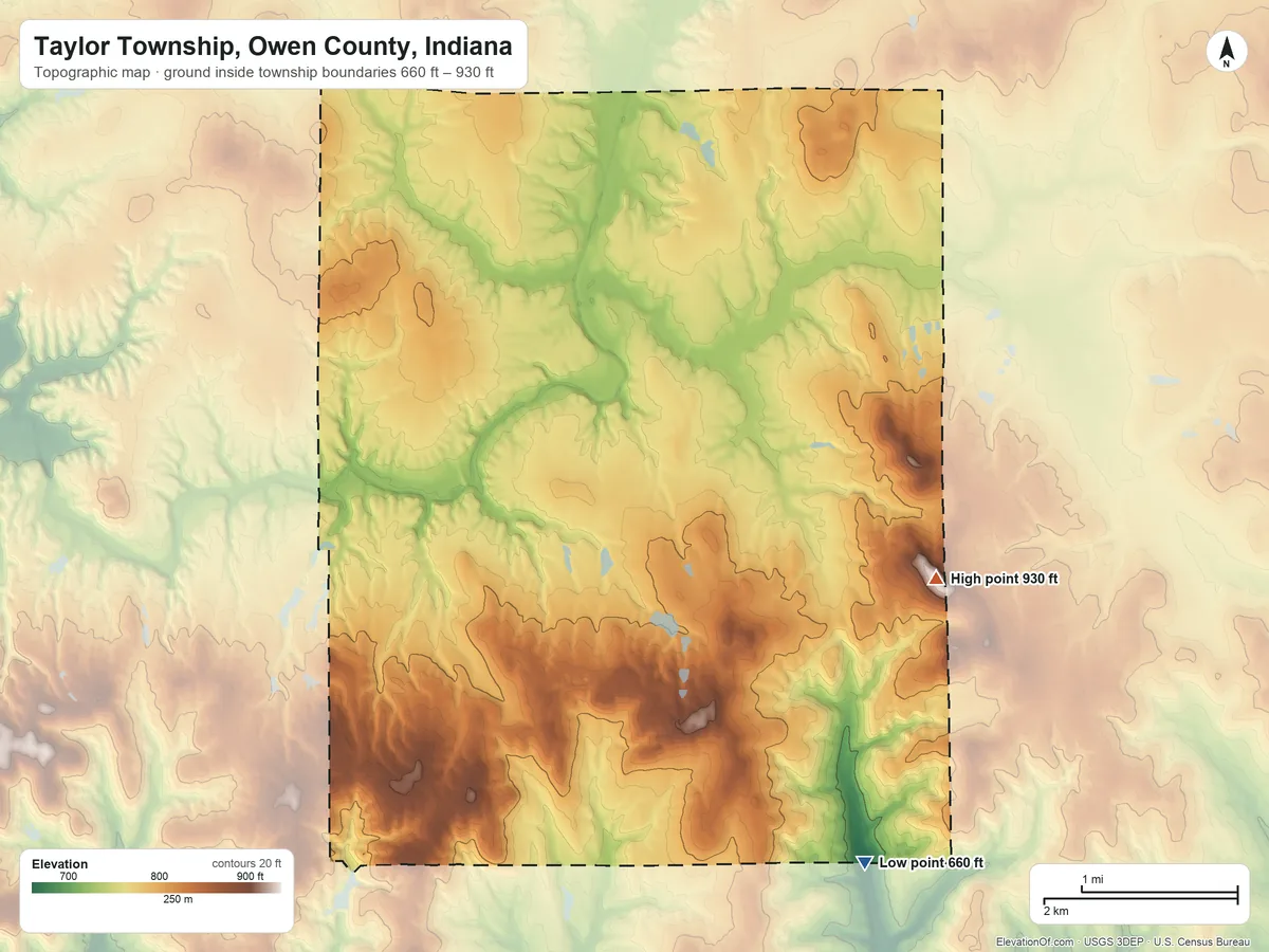 Topographic elevation map of Taylor Township, Owen County, Indiana, shaded from 660 ft on the south side to 930 ft on the southeast side