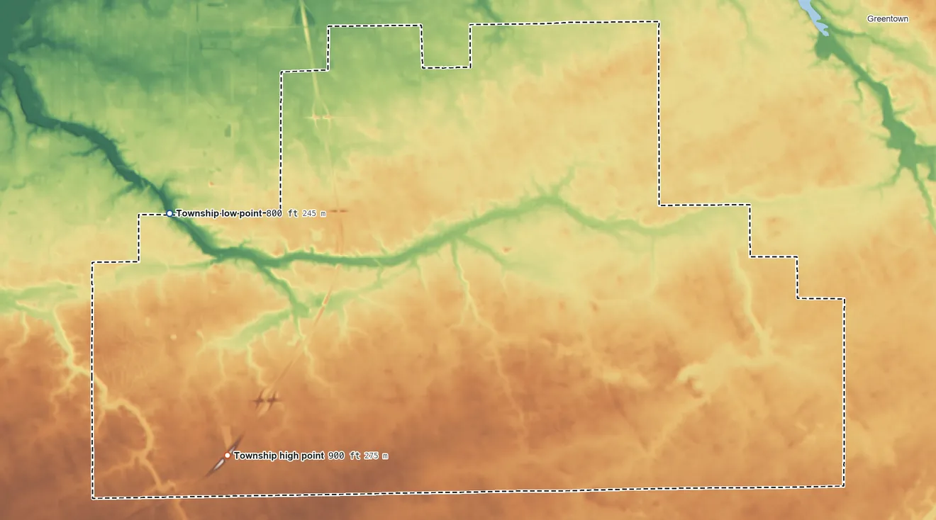 Topographic elevation map of Taylor Township, Indiana, shaded from 800 ft on the northwest side to 900 ft on the south side