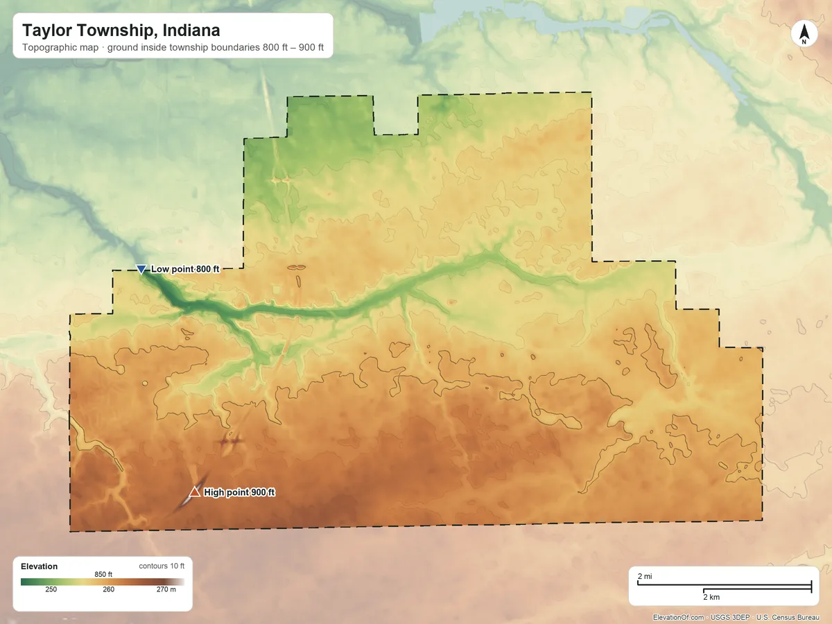 Topographic elevation map of Taylor Township, Indiana, shaded from 800 ft on the northwest side to 900 ft on the south side