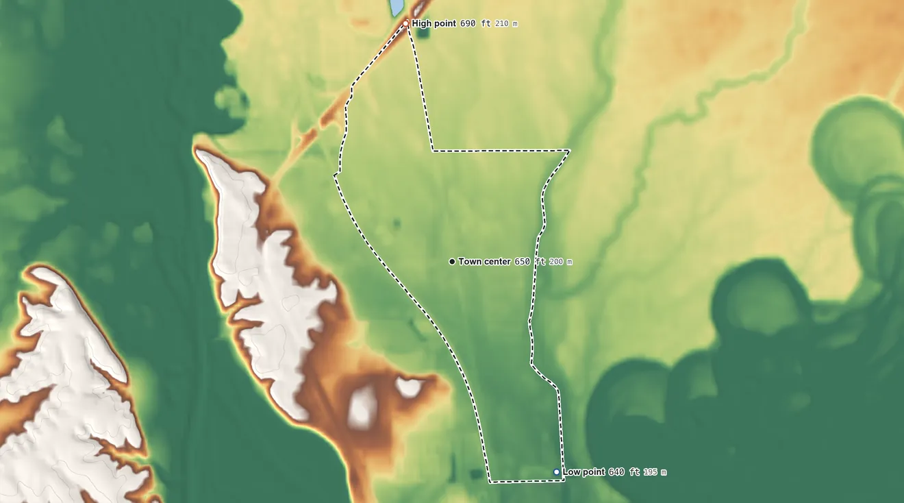 Topographic elevation map of Taylorsville, Indiana, shaded from 640 ft on the southeast side to 690 ft on the north side