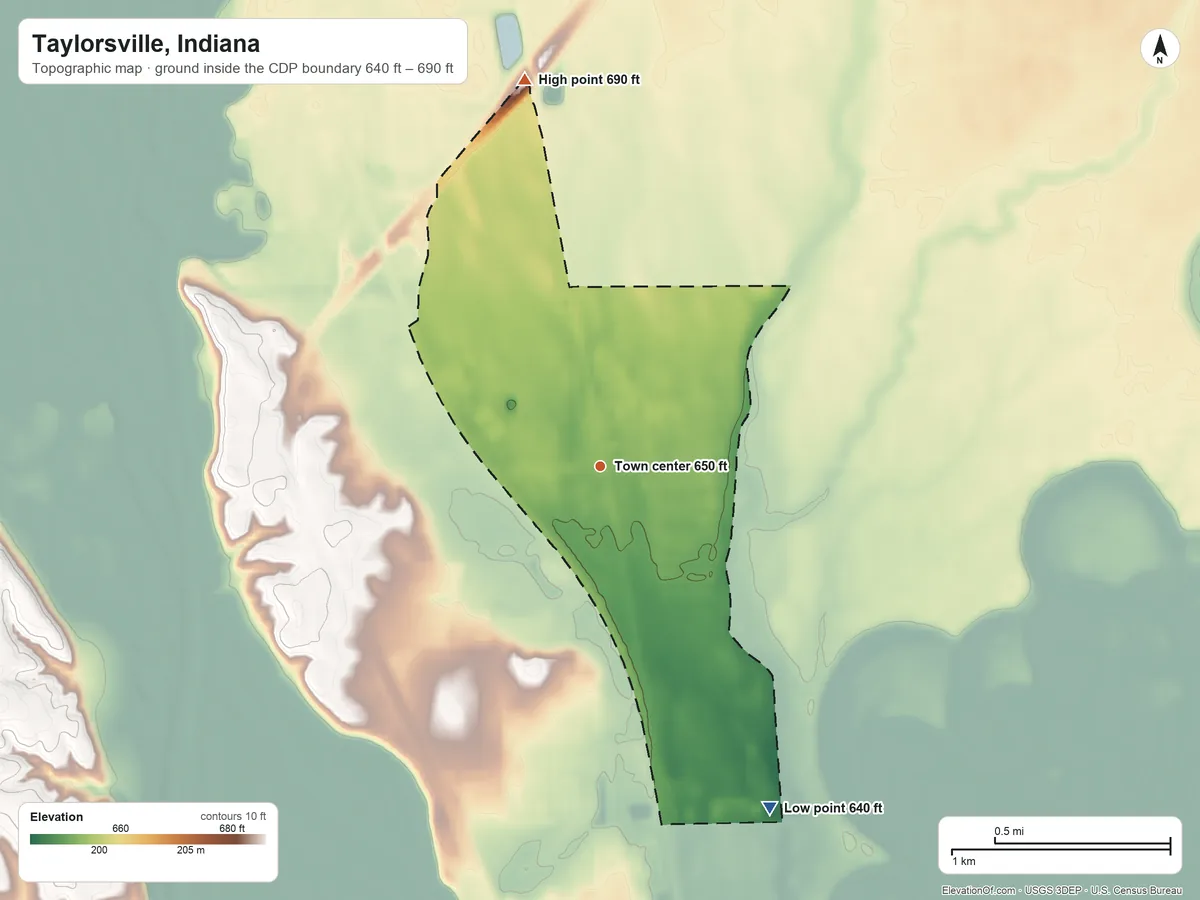 Topographic elevation map of Taylorsville, Indiana, shaded from 640 ft on the southeast side to 690 ft on the north side