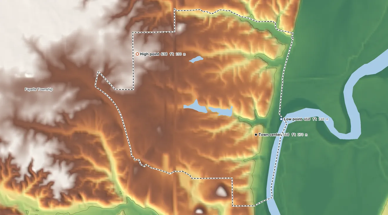 Topographic elevation map of Tecumseh, Indiana, shaded from 460 ft on the northeast side to 630 ft on the northwest side