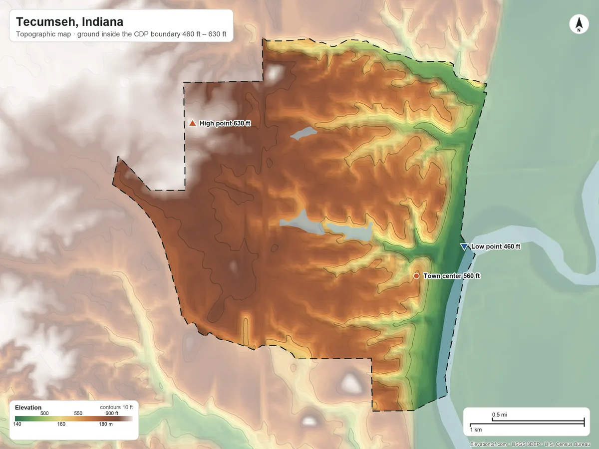 Topographic elevation map of Tecumseh, Indiana, shaded from 460 ft on the northeast side to 630 ft on the northwest side