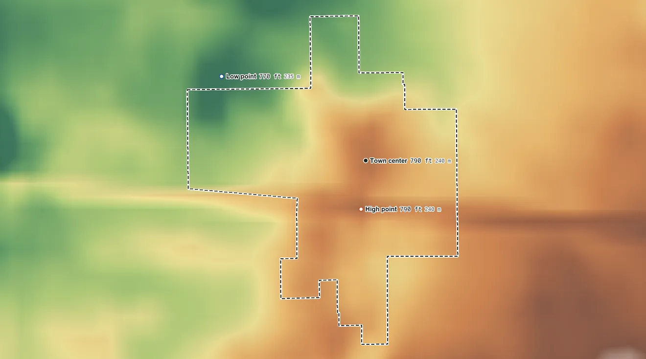 Topographic elevation map of Teegarden, Indiana, shaded from 770 ft on the northwest side to 790 ft on the south side